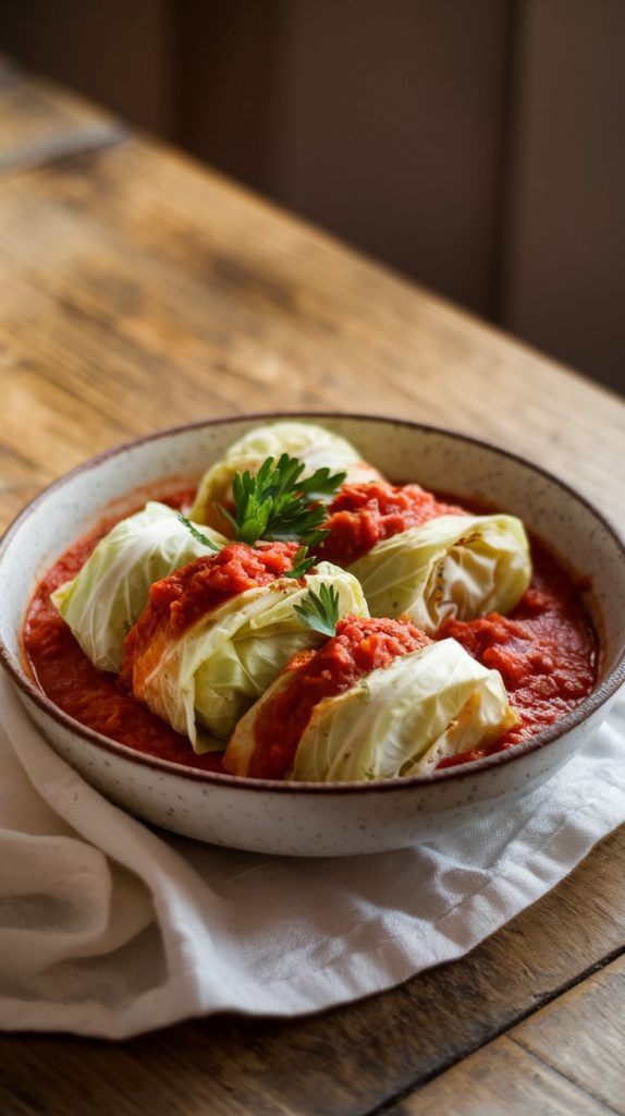 A hearty bowl of unstuffed cabbage rolls served in a rustic white bowl