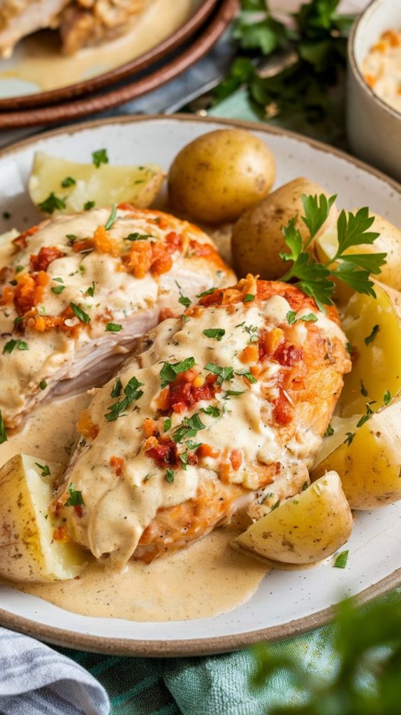 A hearty plate of Crockpot Garlic Parmesan Chicken and Potatoes