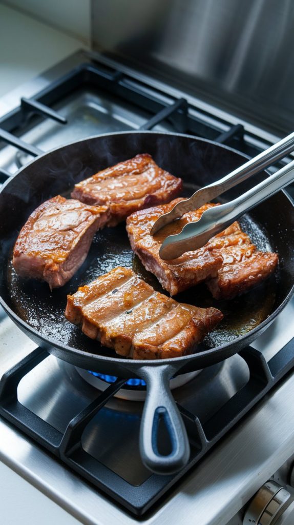 A hot skillet with short ribs sizzling and searing to a golden brown, tongs flipping one piece