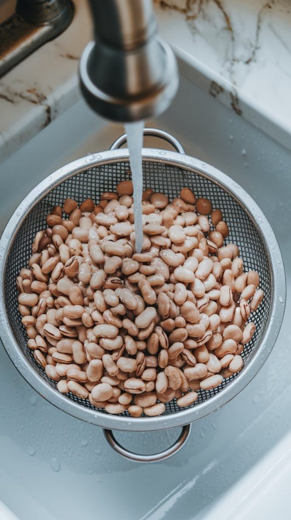 A colander filled with dried pinto beans being rinsed under a kitchen faucet with cool water