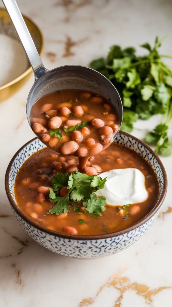 a ladle pouring pinto bean soup into a bowl, with chopped cilantro