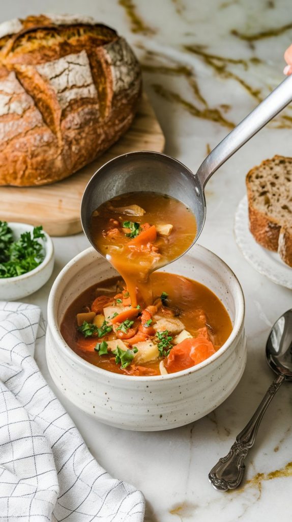 A ladle pouring soup into a white bowl, surrounded by a rustic loaf of bread, a small bowl of parsley, and a spoon