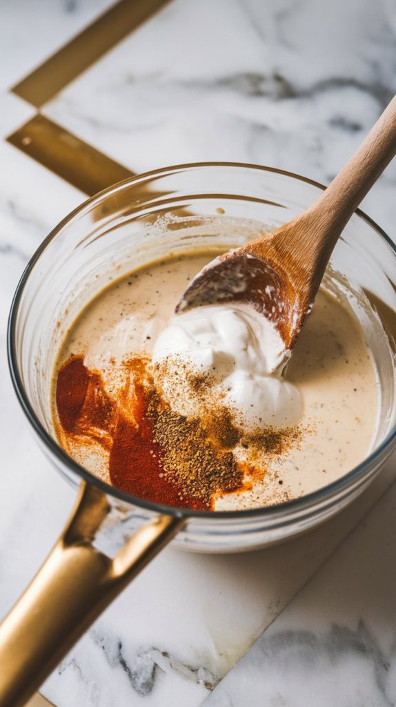 A mixing bowl filled with a creamy sauce mixture