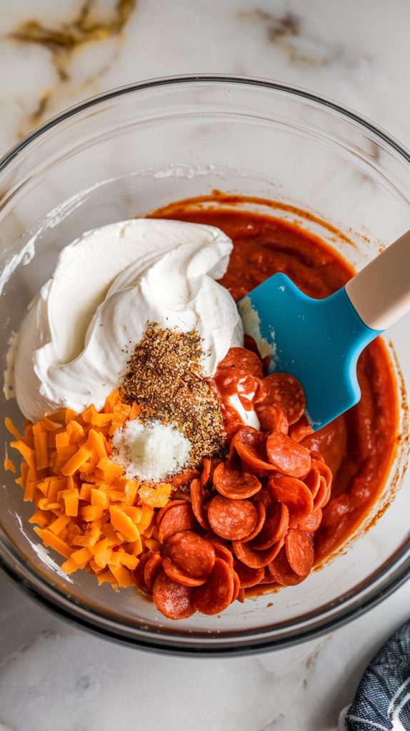 Mixing bowl filled with cream cheese, sour cream, mozzarella, cheddar, pizza sauce, seasonings, and pepperoni