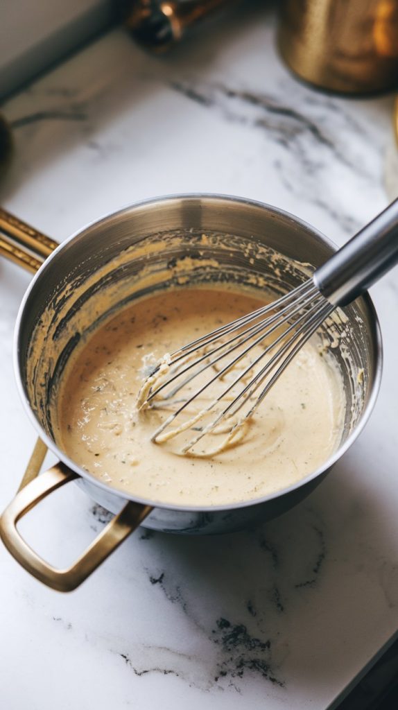 A mixing bowl filled with creamy garlic Parmesan sauce, whisk inside