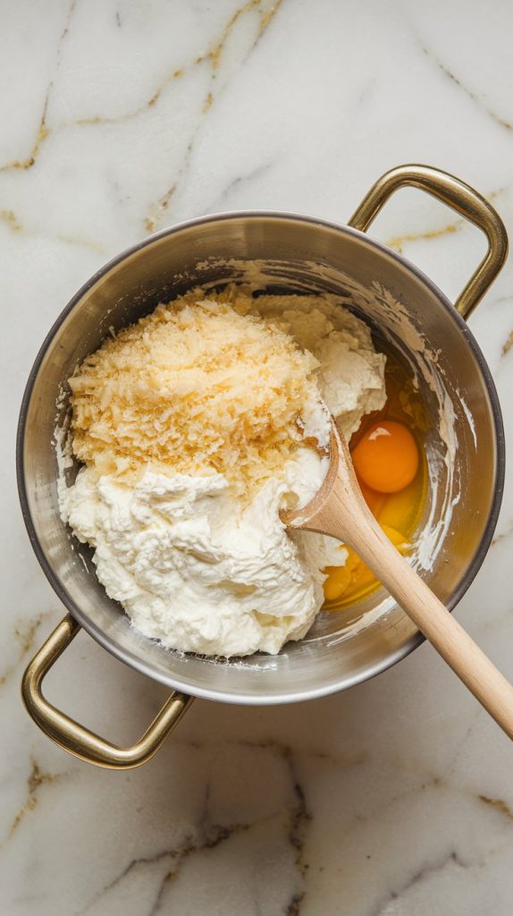 A mixing bowl filled with ricotta cheese, grated Parmesan, and an egg