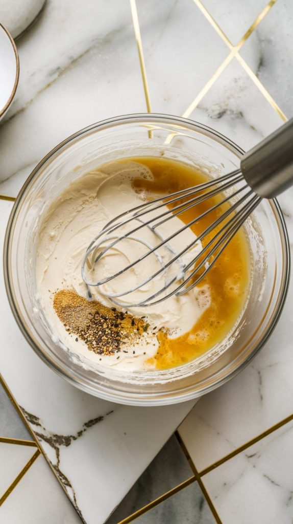 A mixing bowl with cream cheese, heavy cream, chicken broth, and seasonings being whisked together