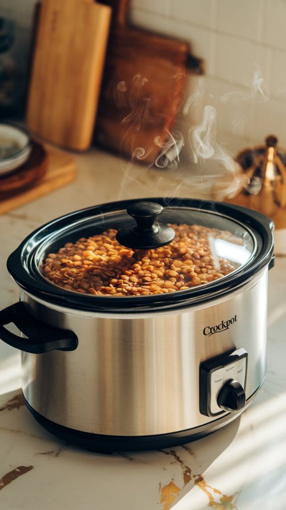 A modern stainless steel crockpot filled with lentil soup simmering inside, steam visible around the edges of the lid