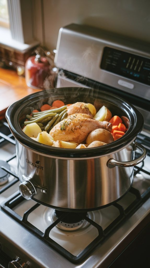 A crockpot with chicken, potatoes, carrots, and green beans being added during the last hour of cooking