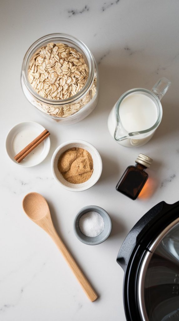 ingredients for slow cooker oatmeal: a bag of steel-cut oats, a glass jar of milk, a small bowl of brown sugar