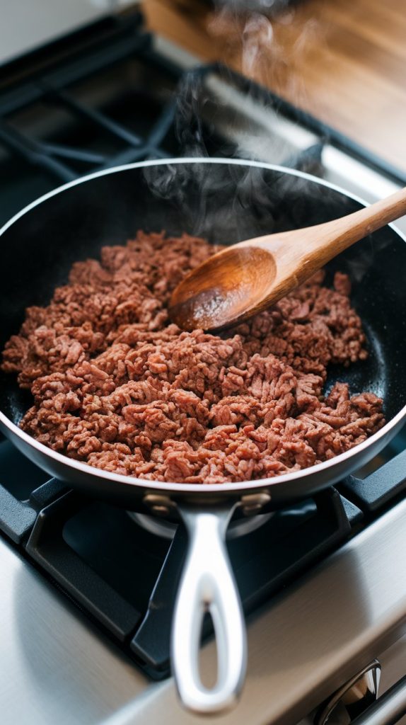 browned ground beef in a nonstick skillet with a wooden spoon stirring it