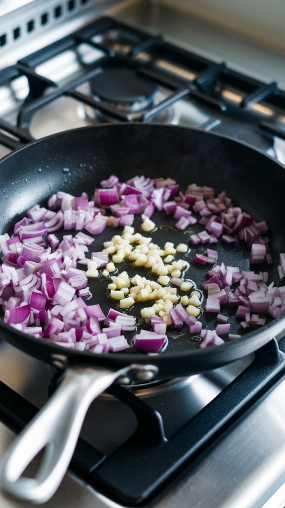 Sautéed onions and garlic in a small nonstick skillet with olive oil bubbling