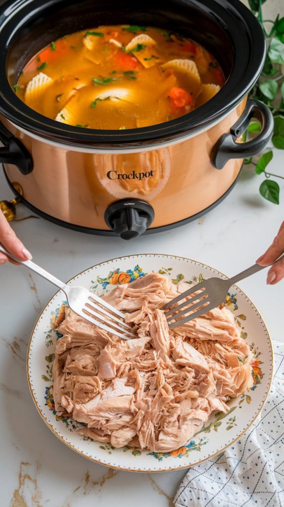 A plate with cooked chicken being shredded with two forks, next to the crockpot filled with the cooked soup