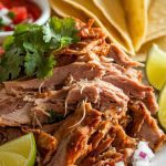 A plate of crispy slow cooker carnitas piled high, topped with fresh cilantro