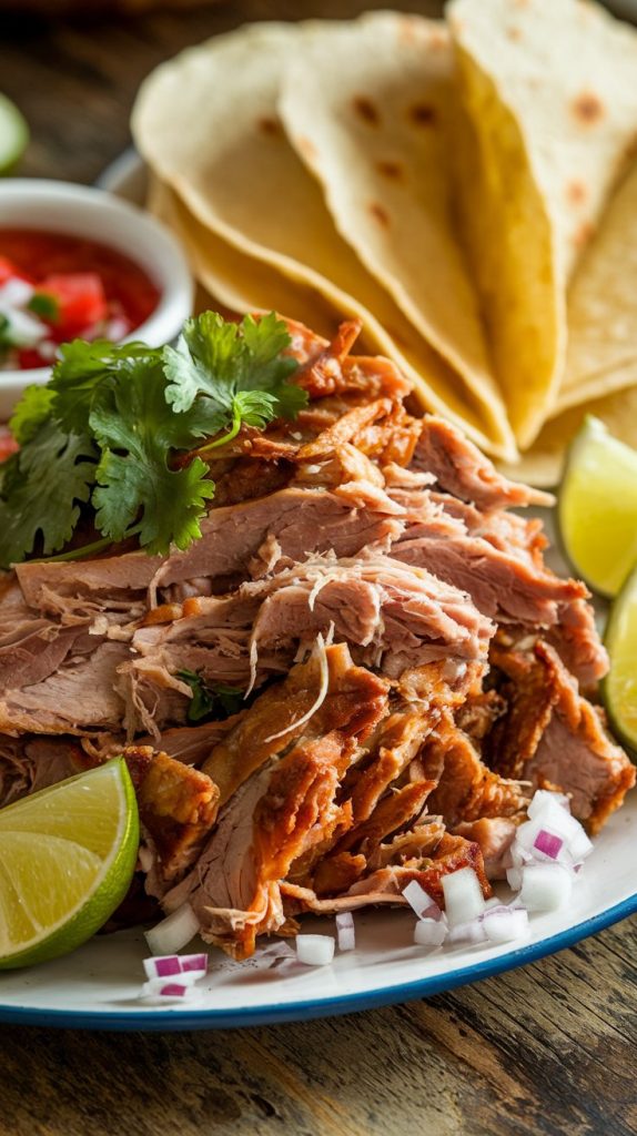 A plate of crispy slow cooker carnitas piled high, topped with fresh cilantro