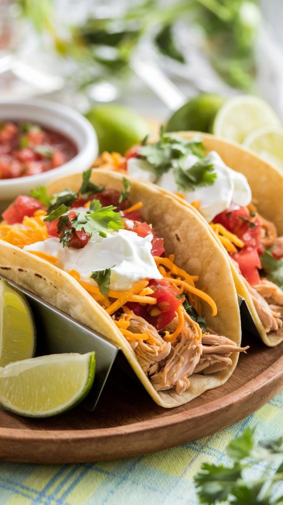 shredded chicken being spooned into a golden taco shell