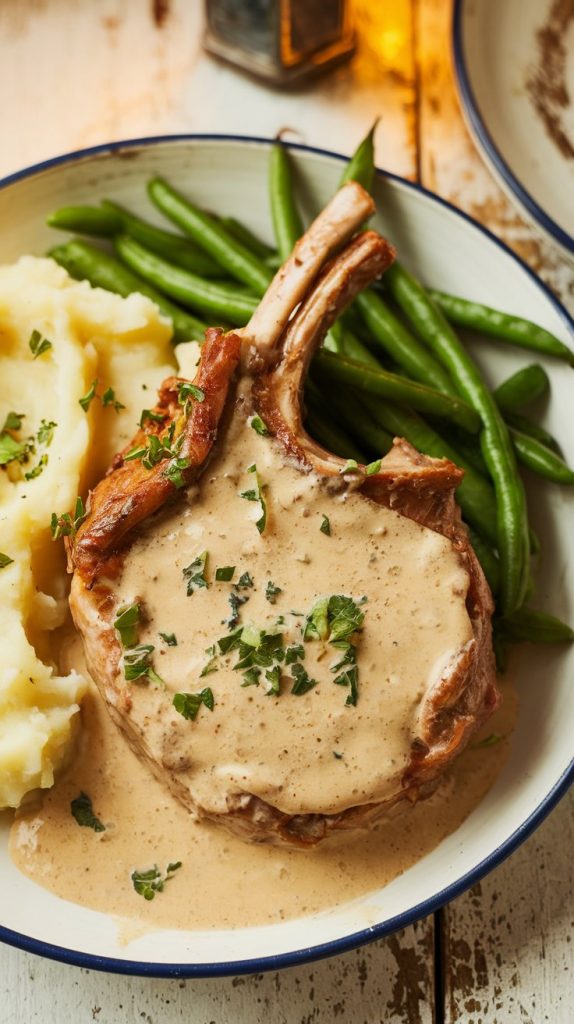 tender pork chops plated with creamy gravy, sprinkled with parsley, served alongside mashed potatoes and green beans