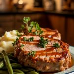 A plate of tender pork chops drizzled with sauce, garnished with fresh parsley, served with mashed potatoes and green beans