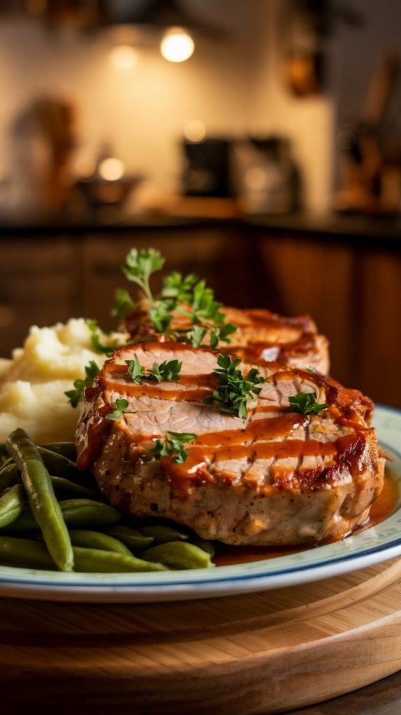 A plate of tender pork chops drizzled with sauce, garnished with fresh parsley, served with mashed potatoes and green beans