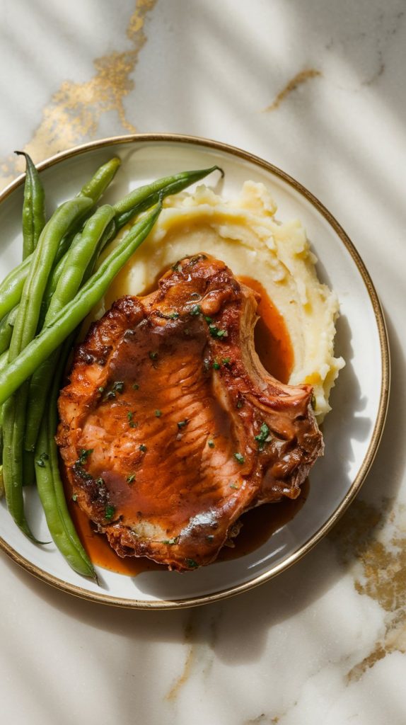 A plate of tender pork chops covered in a sticky, glossy sauce, served with mashed potatoes and steamed green beans