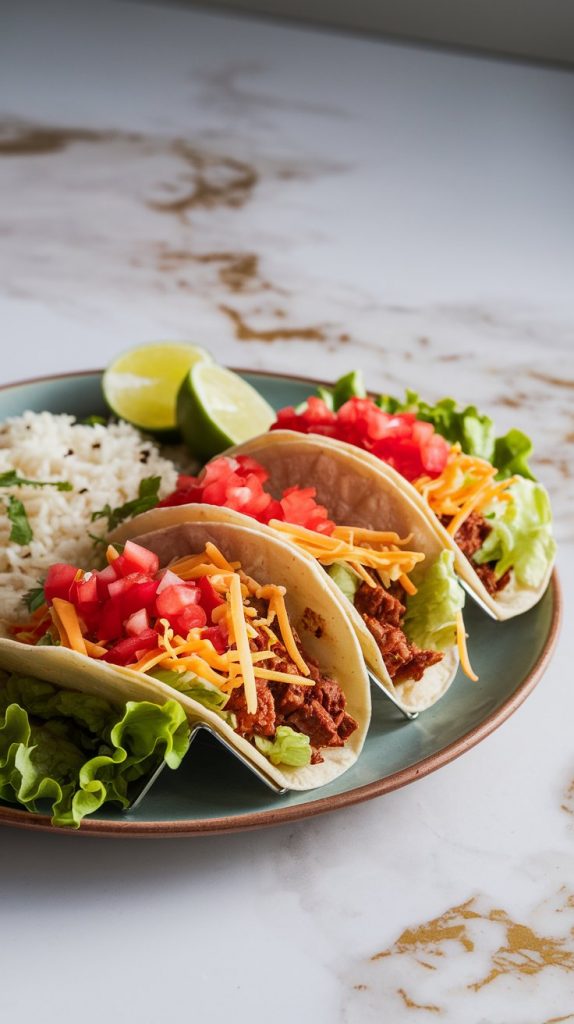 A plate with freshly assembled tacos in soft tortillas, topped with lettuce, diced tomatoes