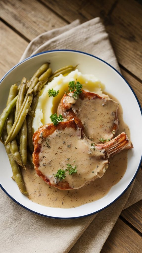 A plated dish of smothered pork chops with gravy, creamy mashed potatoes, and green beans