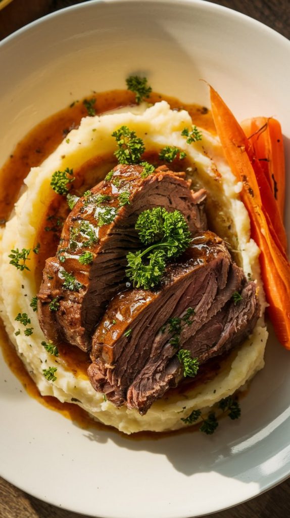 a plated dish with beer-braised short ribs served over creamy mashed potatoes