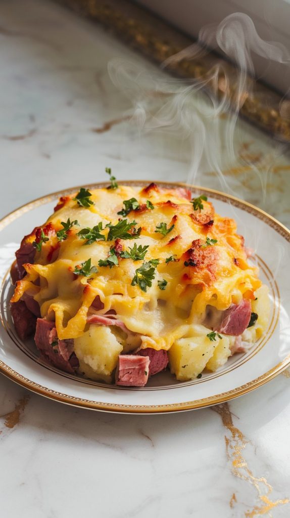 A plated serving of ham and potato casserole