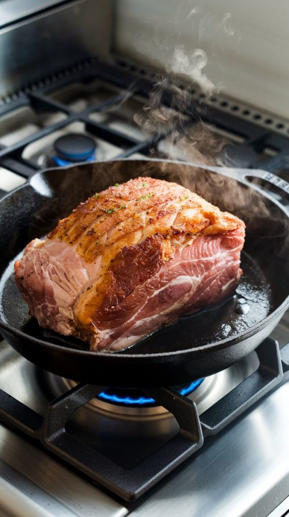 A pork shoulder searing in a cast iron skillet, golden crust forming