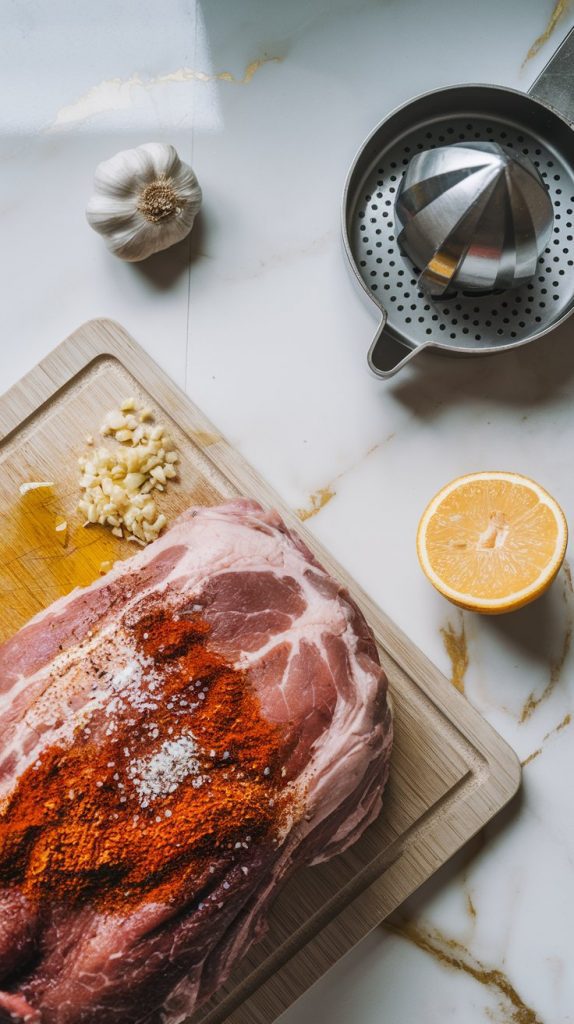 A pork shoulder being seasoned with olive oil, salt, pepper, cumin, chili powder, and smoked paprika