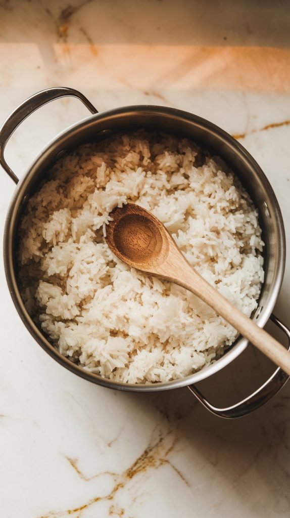 A pot of cooked fluffy white rice, steaming hot