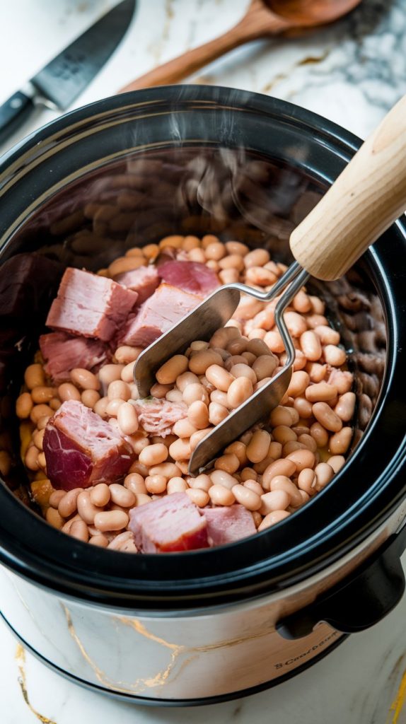 A potato masher mashing beans inside a crockpot