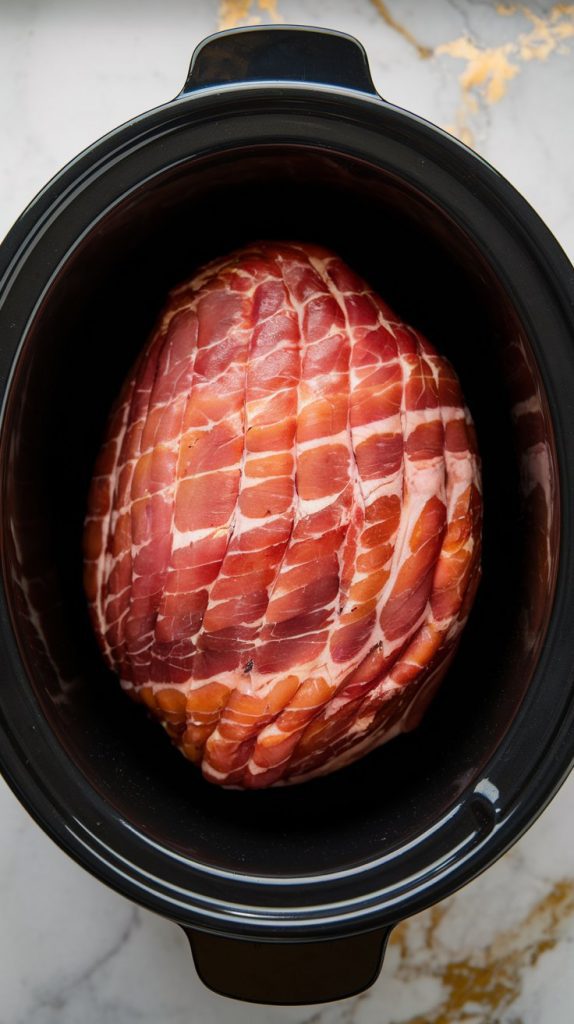 A raw bone-in ham placed flat-side down in a large black crockpot