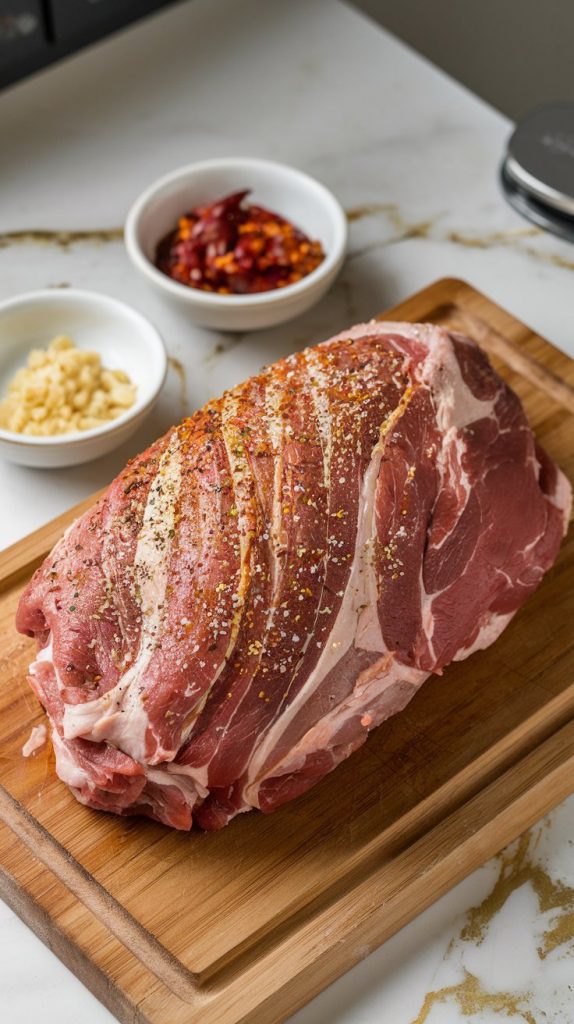 Raw pork shoulder rubbed with salt, pepper, cumin, oregano, and smoked paprika on a wooden cutting board