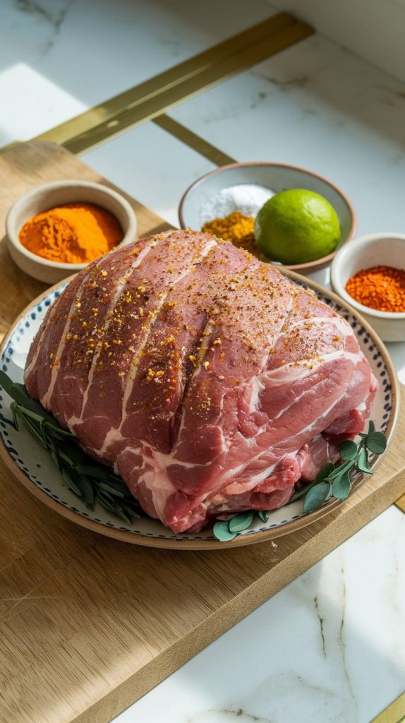 A raw pork shoulder being patted dry with a paper towel and seasoned with spices