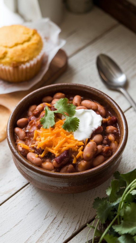 A serving of smoky pinto beans in a rustic ceramic bowl, topped with cheese, cilantro, and sour cream