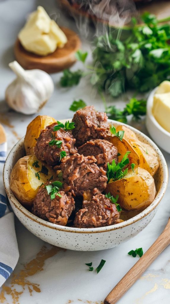 A serving of garlic butter beef bites and potatoes plated in a rustic white bowl