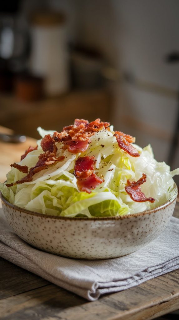 A serving of Crockpot Cabbage with Bacon and Onions in a rustic white bowl, garnished with crispy bacon bits