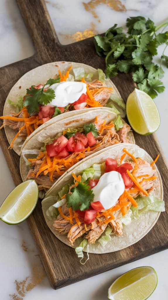 Soft flour tortillas filled with creamy shredded chicken