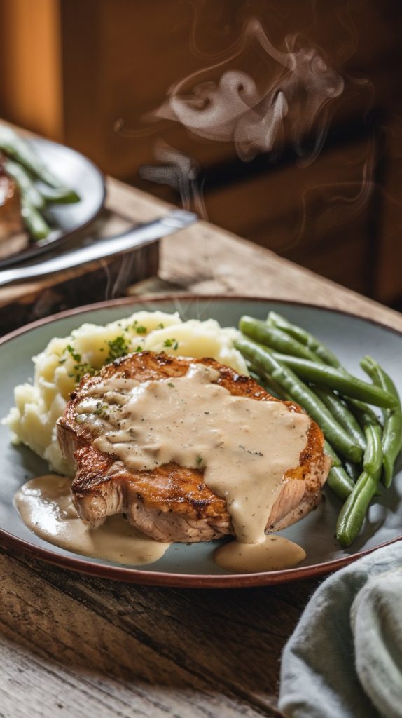 A plate of tender pork chops drizzled with creamy dairy-free gravy, served with mashed potatoes and green beans