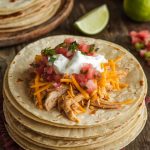 A stack of warm tortillas being filled with shredded green chile chicken