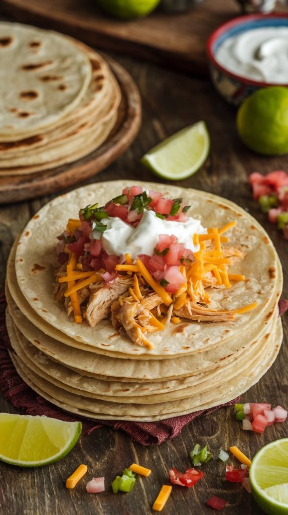 A stack of warm tortillas being filled with shredded green chile chicken