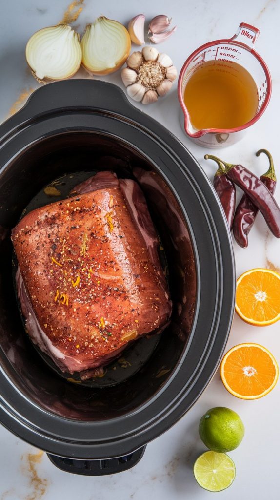 Seasoned pork shoulder sitting in a crockpot with chopped onion, garlic, chipotle peppers