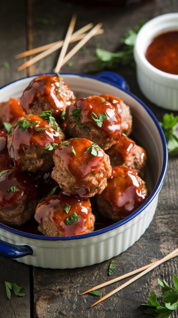 a serving dish filled with glazed honey BBQ meatballs