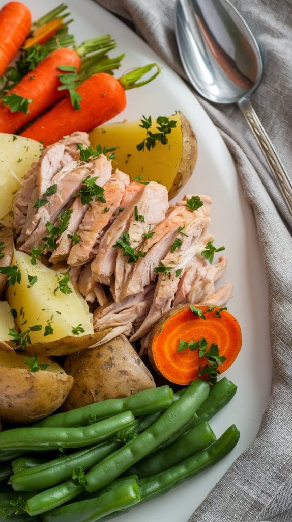 A serving platter with shredded chicken, carrots, potatoes, and green beans drizzled with herb sauce and garnished with parsley