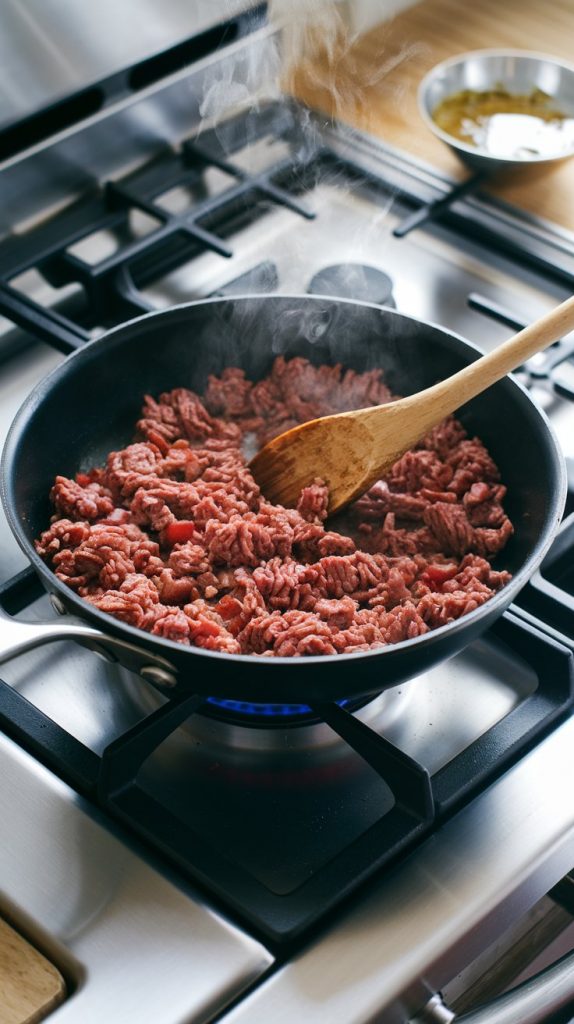 A skillet on a modern stainless steel gas stove with browned ground beef being stirred with a wooden spoon