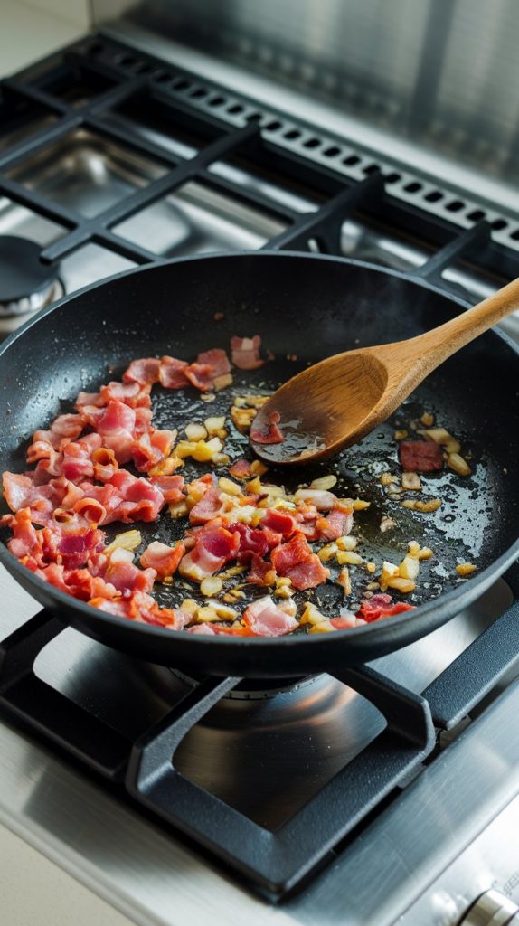 A skillet on a modern stainless steel gas stove with sizzling diced bacon