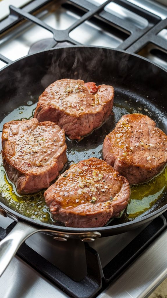 A skillet with browned cubed steaks sizzling in butter and olive oil