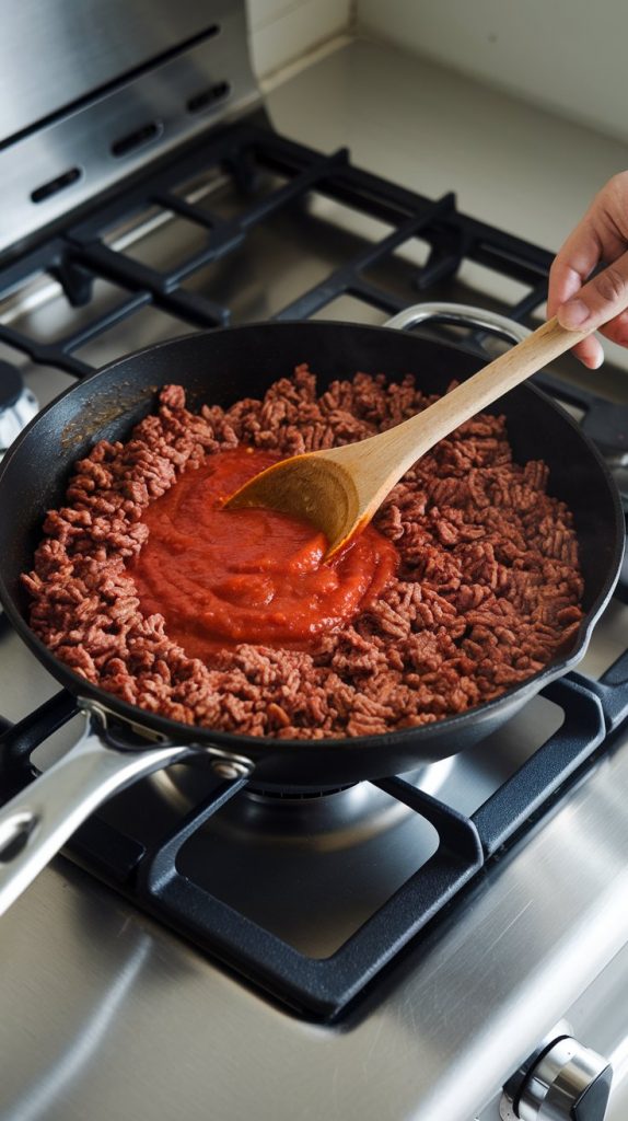 A skillet with browned ground beef being stirred with marinara sauce using a wooden spoon