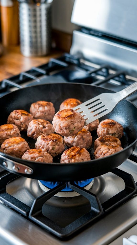 A skillet with meatballs being browned on a modern stainless steel gas stove